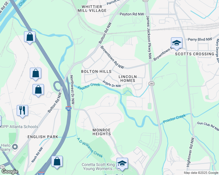 map of restaurants, bars, coffee shops, grocery stores, and more near 2885 Argyle Drive Northwest in Atlanta