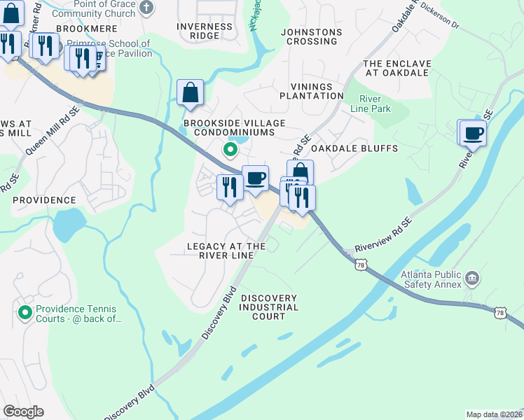 map of restaurants, bars, coffee shops, grocery stores, and more near 1301 Holly Park Lane Southeast in Mableton