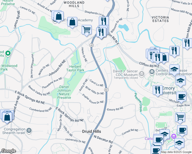 map of restaurants, bars, coffee shops, grocery stores, and more near 1612 Briarcliff Road Northeast in Atlanta