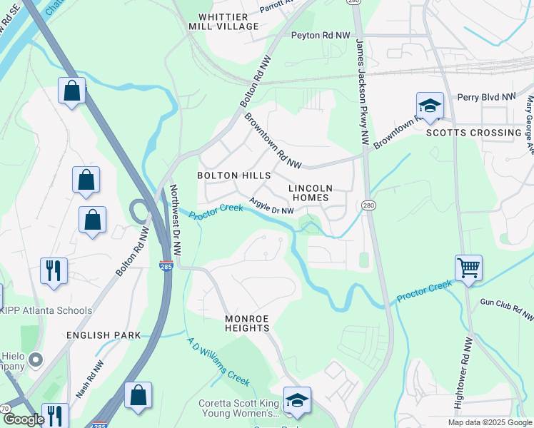 map of restaurants, bars, coffee shops, grocery stores, and more near 2885 Argyle Drive Northwest in Atlanta