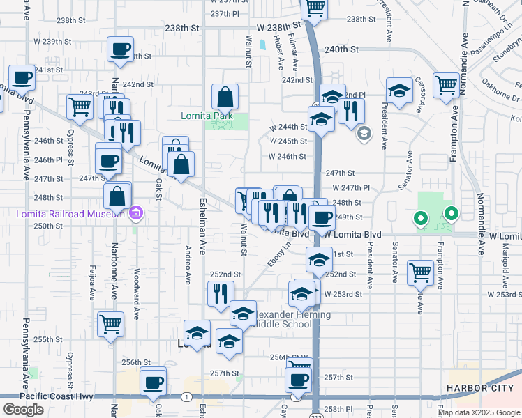 map of restaurants, bars, coffee shops, grocery stores, and more near 1861 Lomita Boulevard in Lomita