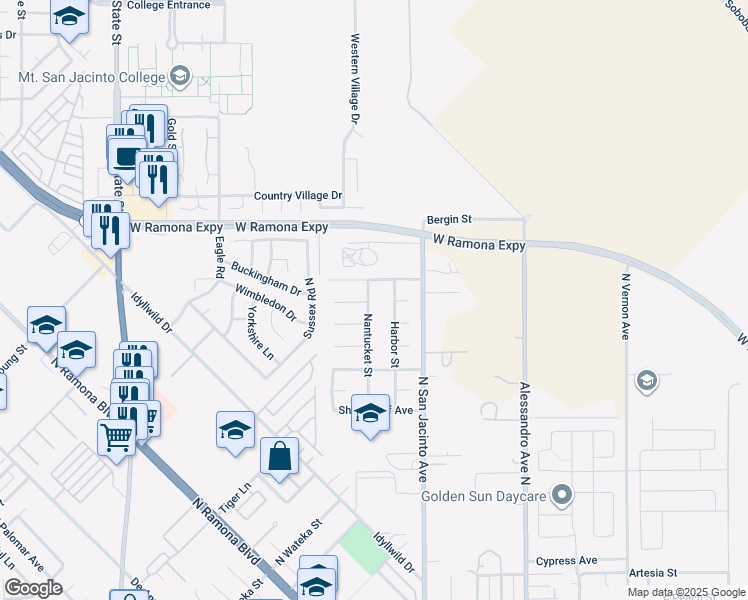 map of restaurants, bars, coffee shops, grocery stores, and more near 941 Nantucket Street in San Jacinto