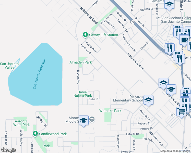 map of restaurants, bars, coffee shops, grocery stores, and more near 931 Bordeaux Lane in San Jacinto