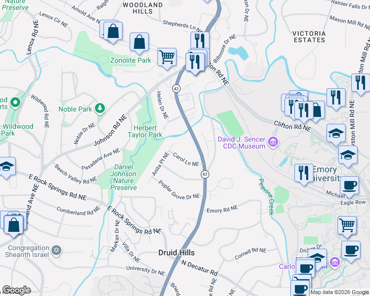 map of restaurants, bars, coffee shops, grocery stores, and more near 1612 Briarcliff Road Northeast in Atlanta