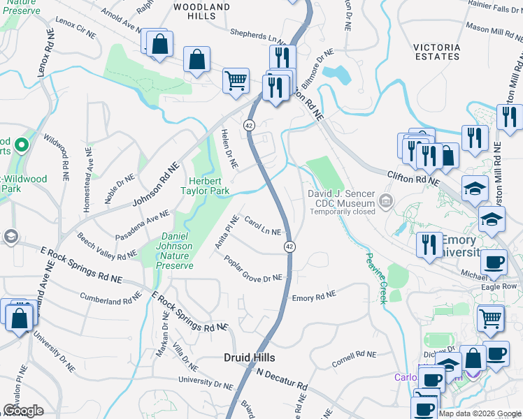 map of restaurants, bars, coffee shops, grocery stores, and more near 1612 Briarcliff Road Northeast in Atlanta
