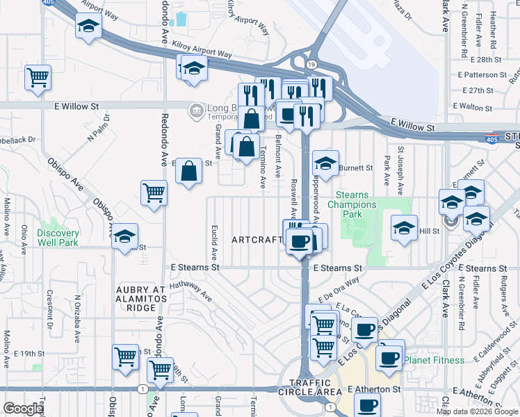map of restaurants, bars, coffee shops, grocery stores, and more near 2298 Mira Mar Avenue in Long Beach