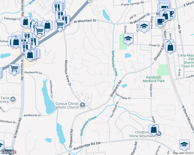map of restaurants, bars, coffee shops, grocery stores, and more near 5123 Leland Drive in Stone Mountain