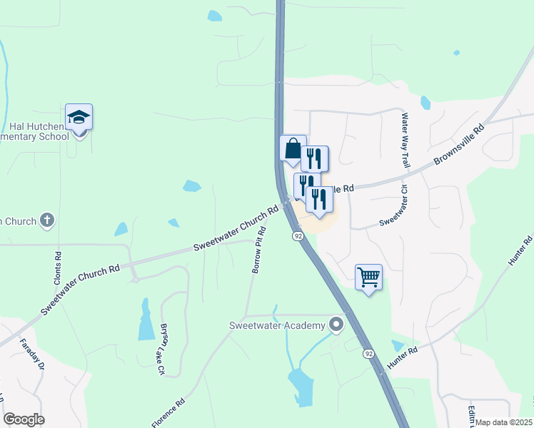 map of restaurants, bars, coffee shops, grocery stores, and more near 64 Borrow Pit Road in Douglasville