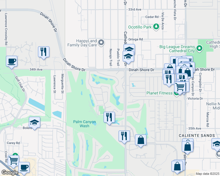 map of restaurants, bars, coffee shops, grocery stores, and more near 68366 Calle Leon in Cathedral City