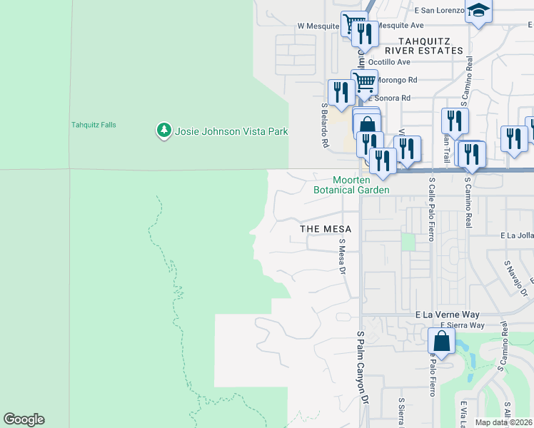 map of restaurants, bars, coffee shops, grocery stores, and more near 1716 Ridge Road in Palm Springs
