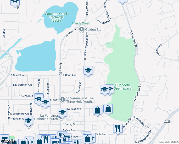 map of restaurants, bars, coffee shops, grocery stores, and more near North Hidden Trail in Orange