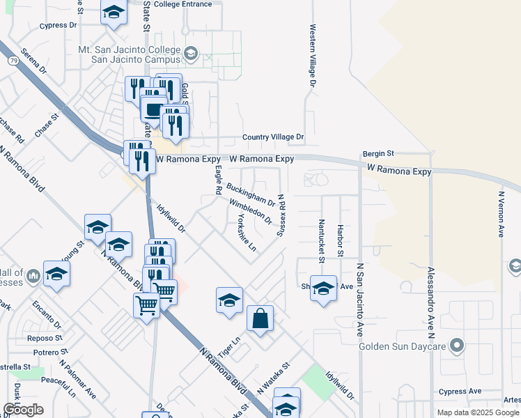 map of restaurants, bars, coffee shops, grocery stores, and more near 361 Wimbledon Drive in San Jacinto