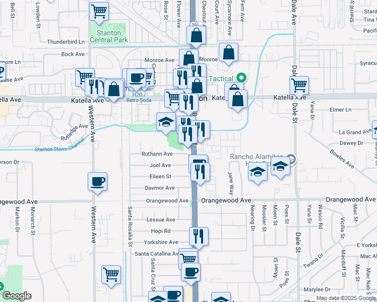 map of restaurants, bars, coffee shops, grocery stores, and more near Beach Boulevard in Stanton