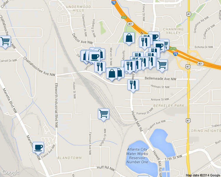 map of restaurants, bars, coffee shops, grocery stores, and more near 930 Chattahoochee Avenue Northwest in Atlanta