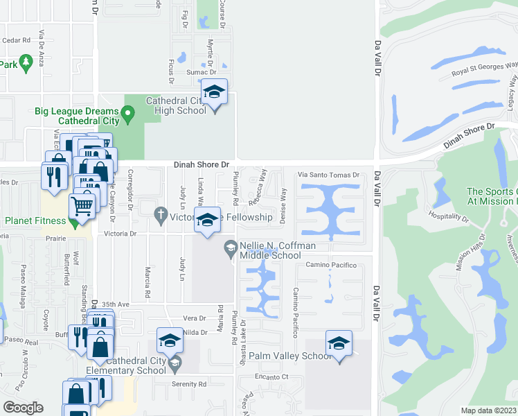 map of restaurants, bars, coffee shops, grocery stores, and more near 69585 Heather Way in Rancho Mirage