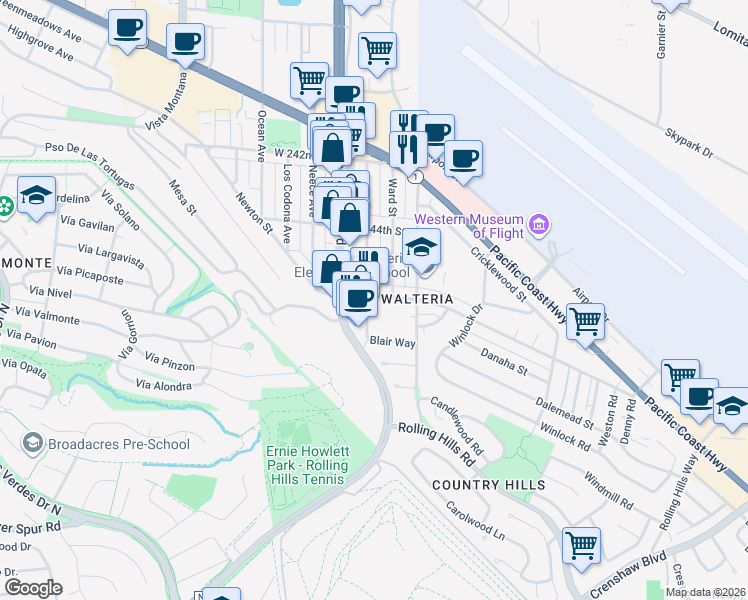 map of restaurants, bars, coffee shops, grocery stores, and more near 3711 Newton Street in Torrance