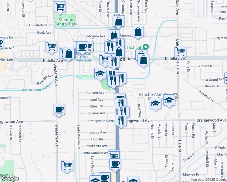 map of restaurants, bars, coffee shops, grocery stores, and more near 11241 Beach Boulevard in Stanton