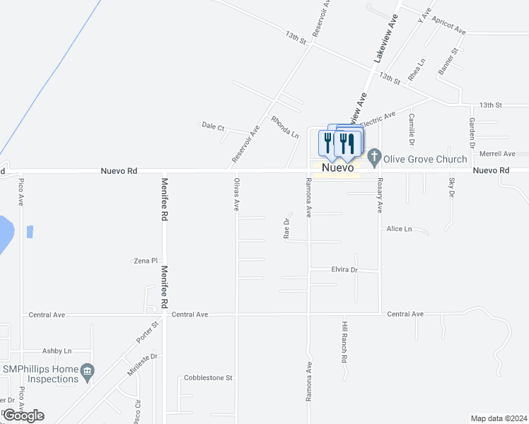 map of restaurants, bars, coffee shops, grocery stores, and more near 29350 Jarrell Court in Nuevo
