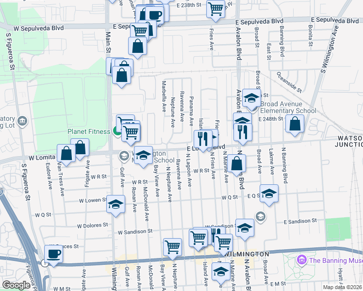 map of restaurants, bars, coffee shops, grocery stores, and more near 368 East 249th Street in Carson
