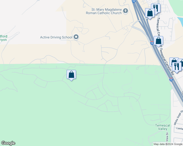 map of restaurants, bars, coffee shops, grocery stores, and more near 8198 Soft Winds Drive in Corona