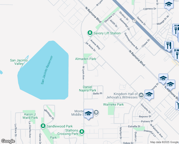 map of restaurants, bars, coffee shops, grocery stores, and more near 1570 Atlas Peak Lane in San Jacinto