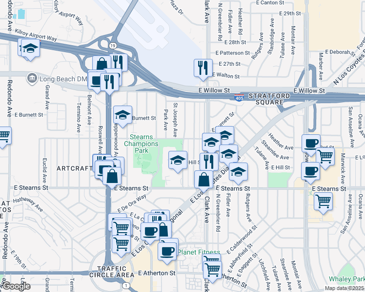 map of restaurants, bars, coffee shops, grocery stores, and more near 2351 Argonne Avenue in Long Beach