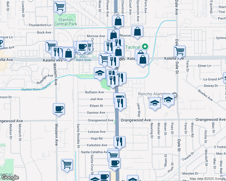 map of restaurants, bars, coffee shops, grocery stores, and more near 11241 Beach Boulevard in Stanton