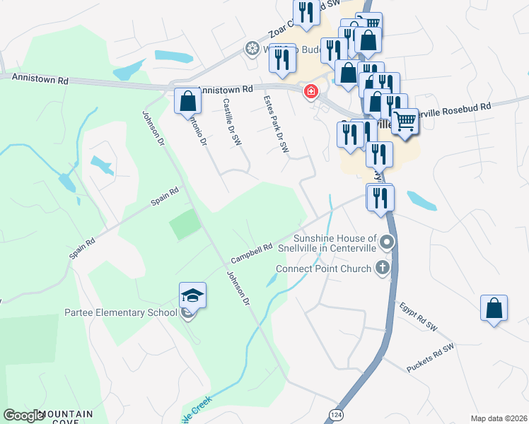 map of restaurants, bars, coffee shops, grocery stores, and more near 4161 Campbell Road in Snellville