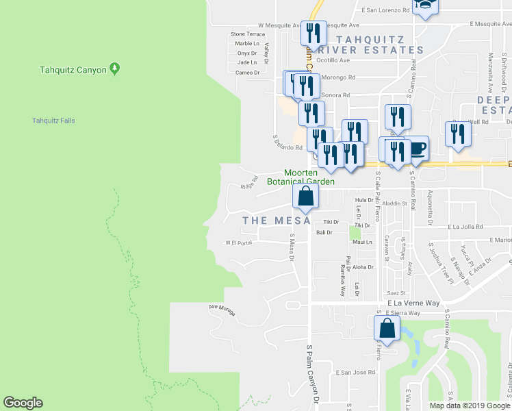 map of restaurants, bars, coffee shops, grocery stores, and more near 294 Crestview Drive in Palm Springs