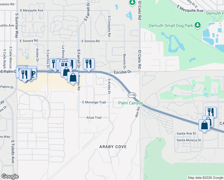 map of restaurants, bars, coffee shops, grocery stores, and more near 1772 South Araby Drive in Palm Springs