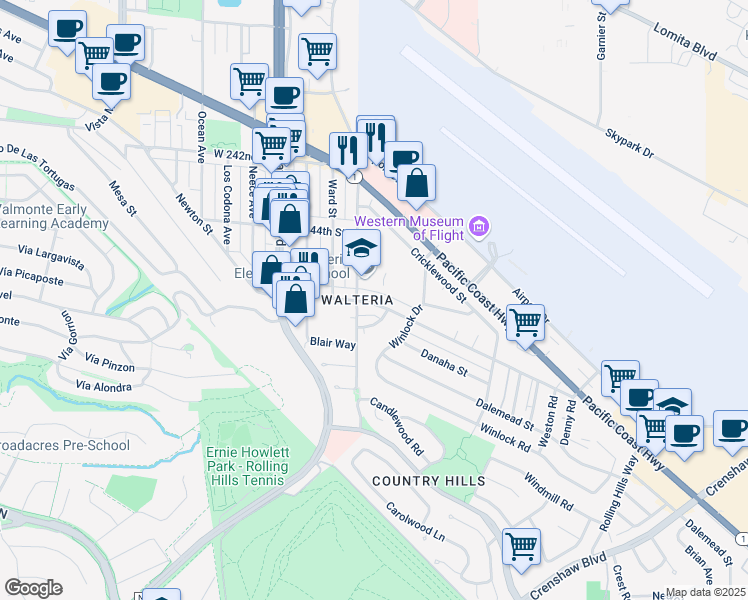 map of restaurants, bars, coffee shops, grocery stores, and more near 3523 Newton Street in Torrance