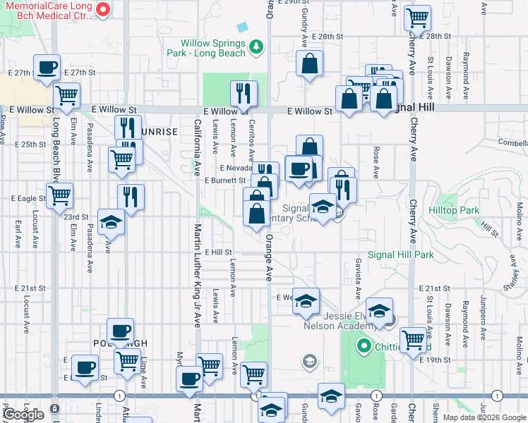 map of restaurants, bars, coffee shops, grocery stores, and more near 2310 Orange Avenue in Signal Hill