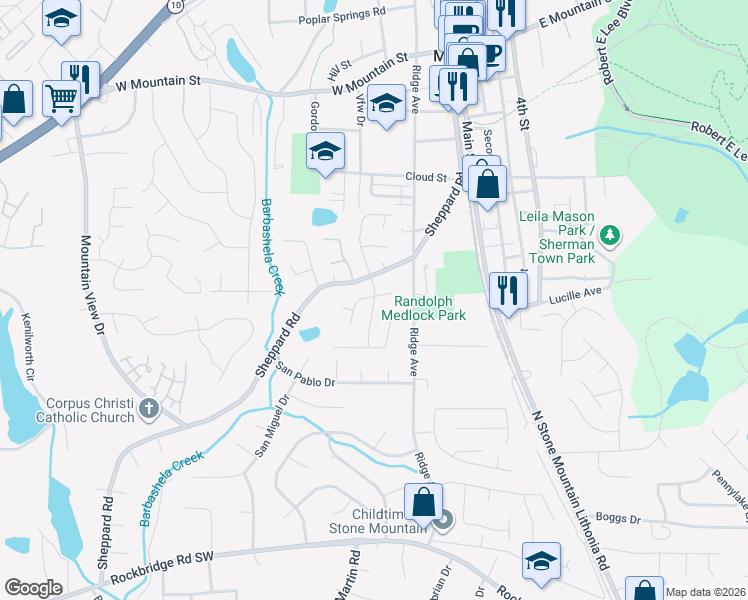 map of restaurants, bars, coffee shops, grocery stores, and more near Mountain Village Drive in Stone Mountain
