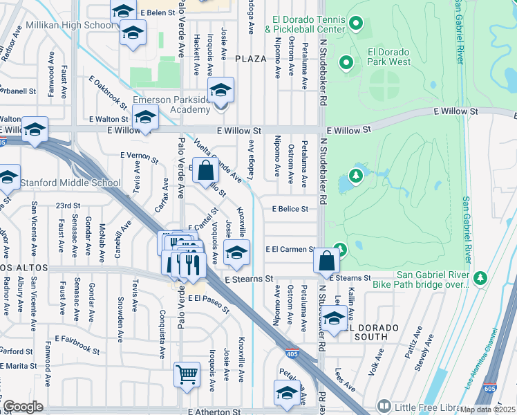 map of restaurants, bars, coffee shops, grocery stores, and more near 6720 East Los Arcos Street in Long Beach