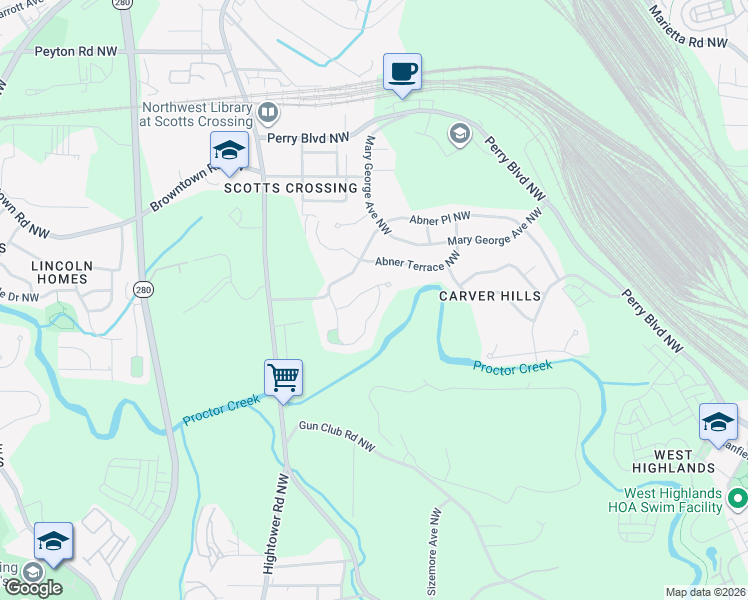 map of restaurants, bars, coffee shops, grocery stores, and more near 2643 Abner Place Northwest in Atlanta