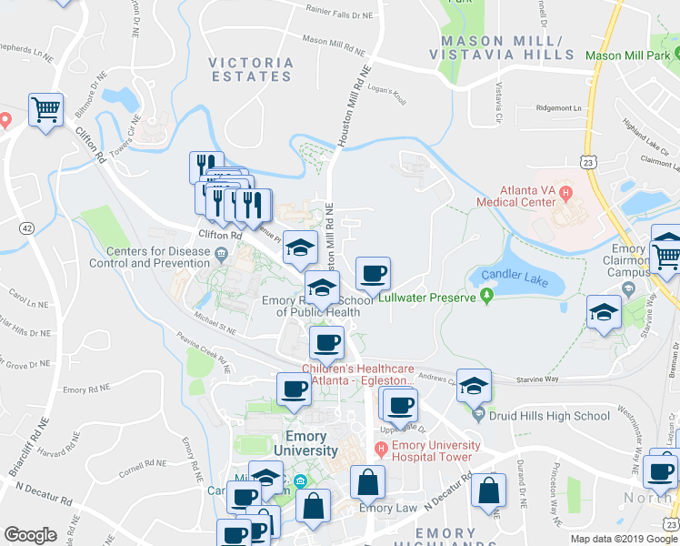 map of restaurants, bars, coffee shops, grocery stores, and more near 791 Houston Mill Road Northeast in Atlanta