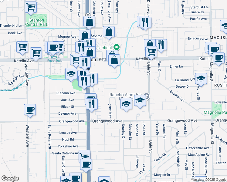map of restaurants, bars, coffee shops, grocery stores, and more near 11250 Beach Boulevard in Stanton