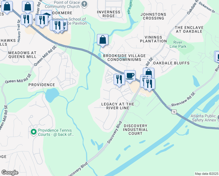 map of restaurants, bars, coffee shops, grocery stores, and more near 6322 Century Park Place in Mableton