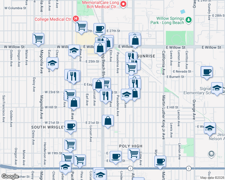 map of restaurants, bars, coffee shops, grocery stores, and more near 2310 Elm Avenue in Long Beach