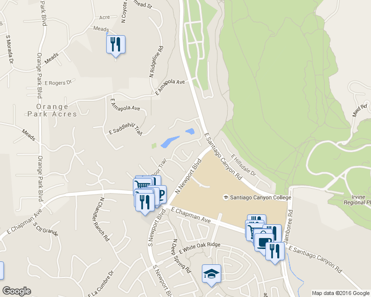 map of restaurants, bars, coffee shops, grocery stores, and more near 653 North Buttonbush Trail in Orange