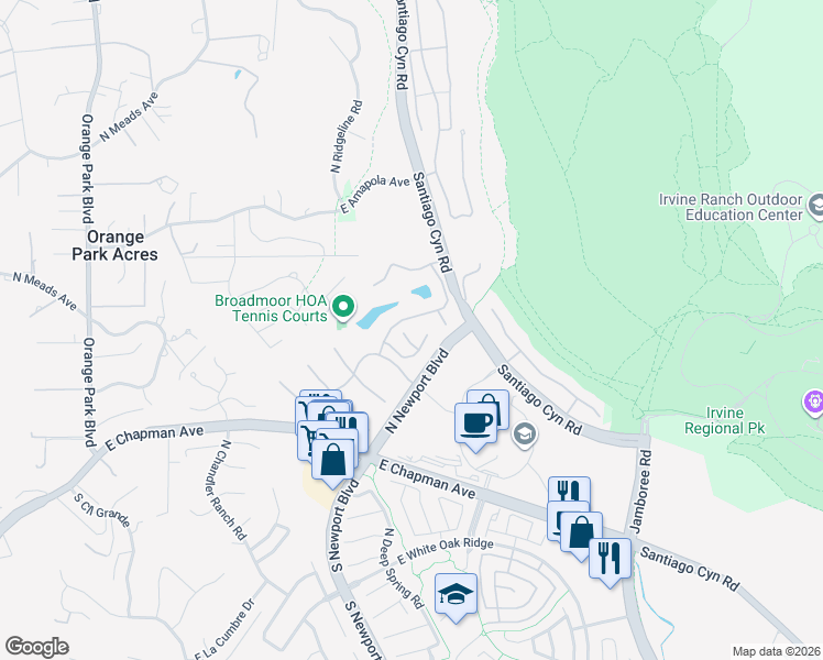 map of restaurants, bars, coffee shops, grocery stores, and more near 653 North Buttonbush Trail in Orange