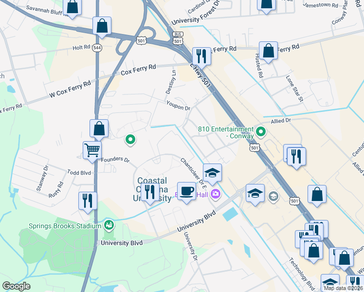 map of restaurants, bars, coffee shops, grocery stores, and more near 120 Township Circle in Conway