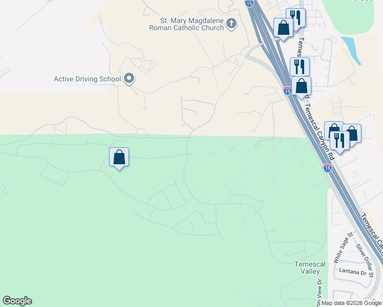 map of restaurants, bars, coffee shops, grocery stores, and more near 8296 Soft Winds Drive in Corona