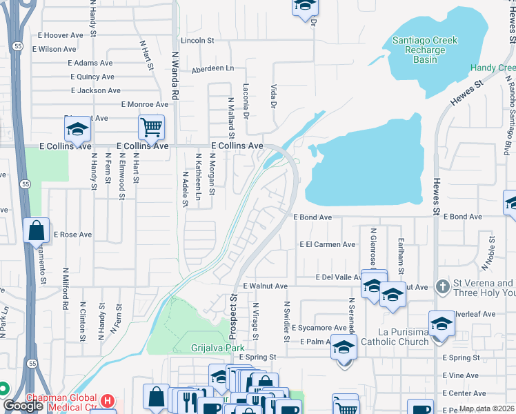 map of restaurants, bars, coffee shops, grocery stores, and more near 3418 East Lambeth Court in Orange