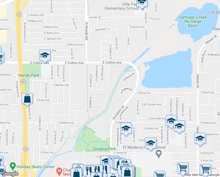 map of restaurants, bars, coffee shops, grocery stores, and more near 740 North Mallard Street in Orange