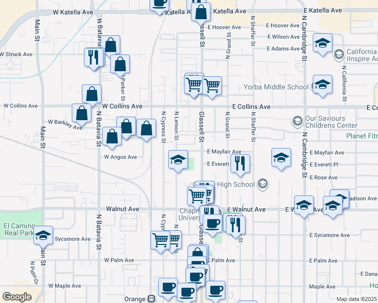 map of restaurants, bars, coffee shops, grocery stores, and more near 736 North Glassell Street in Orange
