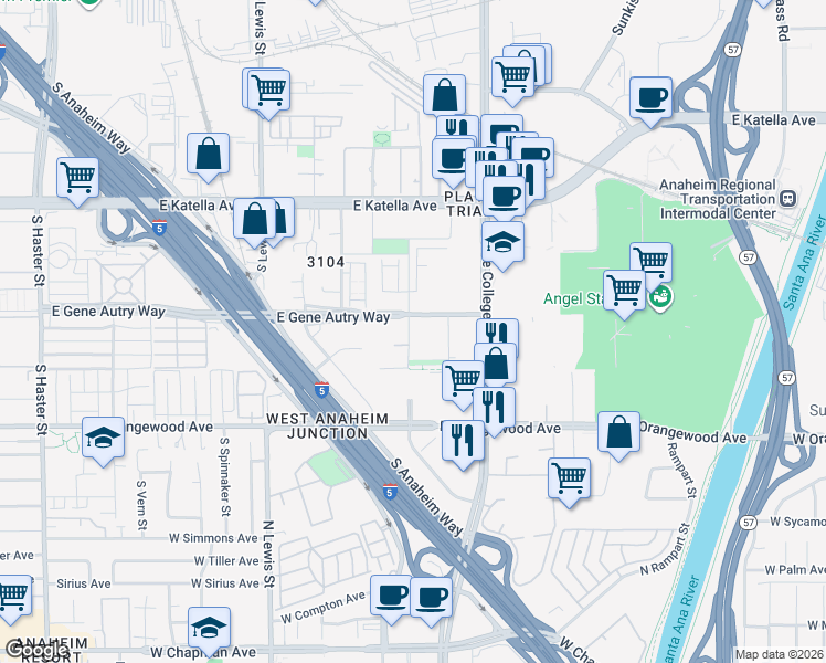 map of restaurants, bars, coffee shops, grocery stores, and more near 1910 Union Street in Anaheim