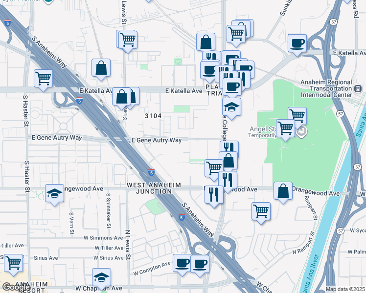 map of restaurants, bars, coffee shops, grocery stores, and more near 1910 Union Street in Anaheim