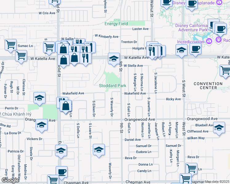 map of restaurants, bars, coffee shops, grocery stores, and more near 1505 West Wakefield Avenue in Anaheim