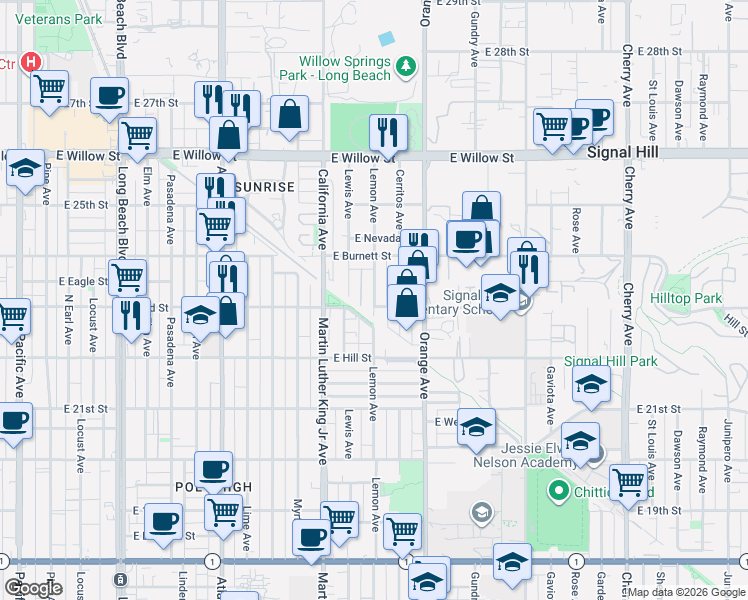 map of restaurants, bars, coffee shops, grocery stores, and more near 2325 Lemon Avenue in Signal Hill